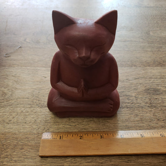 Meditating Cat Wooden Statue