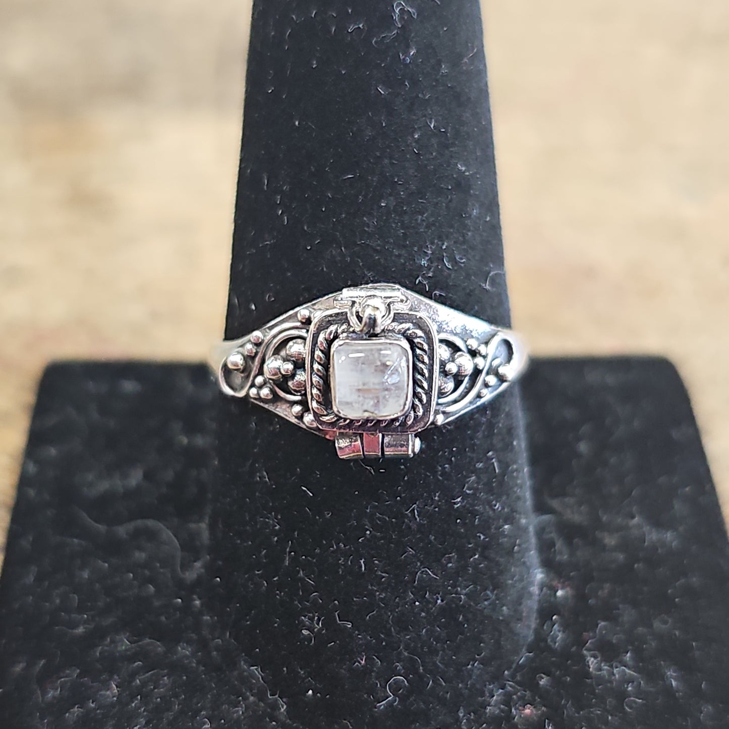 Sterling Silver Square Rainbow Moonstone Poison Ring