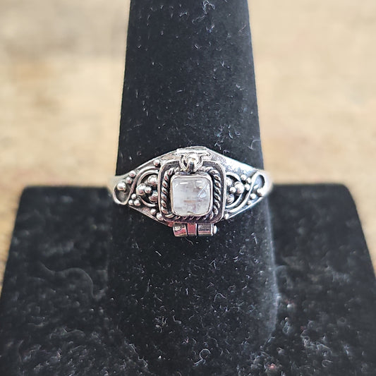 Sterling Silver Square Rainbow Moonstone Poison Ring