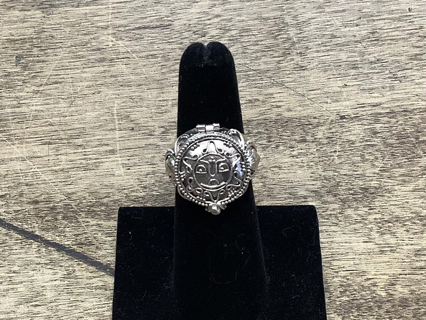 Sterling silver sun face poison box prayer ring