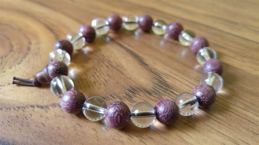 Crystal & Purpleheart Wood Beaded Bracelet - Wrist Mala 8mm