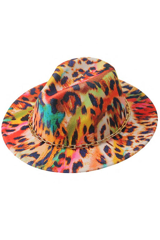 Petite Cuban Gold Chain Colorful Leopard Fedora Rancher Hat